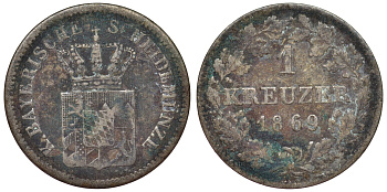 Бавария 1 крейцер 1869 Людвиг II (1864-1886) KM 487 серебро 71-1064