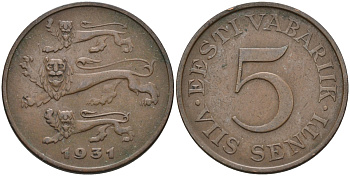 Эстония 5 центов 1931 Республика (1918-1941) KM 11 бронза 4586-1042