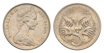 Австралия 5 центов 1971 Елизавета II (1952-2022) молодой портрет, ехидна KM 64 медно-никель UNC 4151-1131