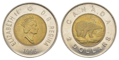 Канада 2 доллара 1996 Елизавета II (1952-2022), полярный медведь KM 270 биметалл UNC 4637-1023