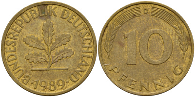 ФРГ 10 пфеннигов 1989 D J. 383, KM 108 сталь плакированная латунью    4603-617