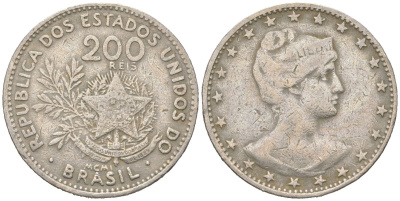Бразилия 200 реалов 1901 MCMI, голова свободы вправо KM 504 медно-никель 4612-331