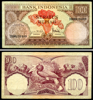 Индонезия 100 рупий 1959 гигантская раффлезия, малайский калао Pick 69 a  бумага 444-8-2-1