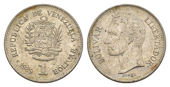 Венесуэла 1 боливар 1989 Симон Боливар, тонкий шрифт Y 52a.1 сталь плакированная никелем 4591-326