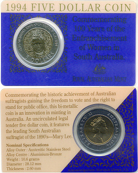 Австралия 5 долларов 1994 100 лет избирательному праву женщин, в оригинальном блистере KM 224 биметалл BU 4-5-2-05