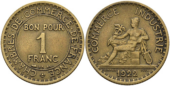 Франция 1 франк 1922 KM 876, Le Franc 218.5 алюминиевая бронза 4142-631