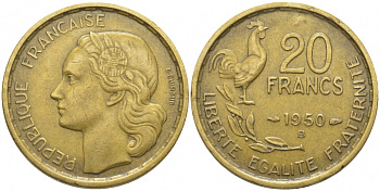 ФРАНЦИЯ 20 ФРАНКОВ 1950 В, 4 ПЕРА KM 917.2, LE FRANC 402.4 алюминиевая бронза 3856-423