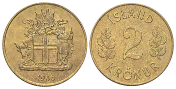 Исландия 2 кроны 1966 KM 13a.1 никель латунь UNC 4666-913