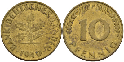 ФРГ 10 пфеннигов 1949 F KM 103, J.378 сталь плакированная латунью    4601-1227