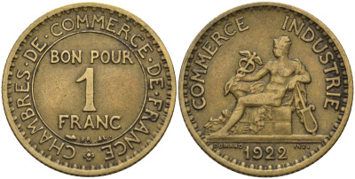 Франция 1 франк 1922 KM 876, Le Franc 218.5 алюминиевая бронза 4142-631
