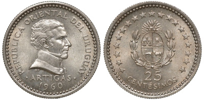 Уругвай 25 сентесимо 1960 KM 40 медно-никель 4169-1042