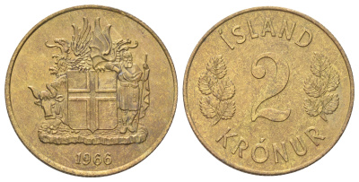 Исландия 2 кроны 1966 KM 13a.1 никель латунь UNC 4666-913