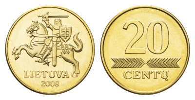 Литва 20 центов 2008 из годового набора KM 107 никель латунь BU 4687-1258