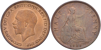 Великобритания 1/2 пенни 1936 Георг V (1910-1936) KM 837, Spink 4058 бронза 4592-332