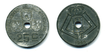 БЕЛЬГИЯ 25 САНТИМОВ 1945 BELGIE-BELGIQUE KM 132 цинк 86-1032
