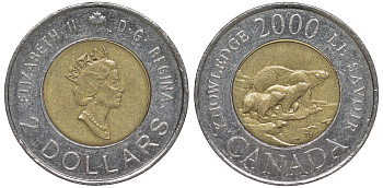 Канада 2 доллара 2000 миллениум, полярные медведи KM 399 биметалл 4605-623