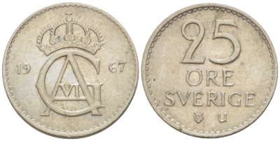 Швеция 25 эре 1967 U Густав VI Адольф (1950-1973) KM 836 медно-никель 3955-361
