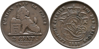 БЕЛЬГИЯ 2 САНТИМА 1836 BELGES KM 4.2 медь 95-714
