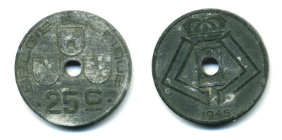 Бельгия 25 сантимов 1945 Belgie-Belgique, Леопольд III (1934-1947), германская оккупация KM 132 цинк 86-1032