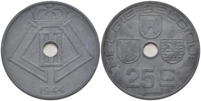 БЕЛЬГИЯ 25 САНТИМОВ 1944 BELGIE-BELGIQUE, ГЕРМАНСКАЯ ОККУПАЦИЯ, ВТОРАЯ МИРОВАЯ ВОЙНА KM 132 цинк 190-111