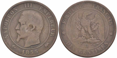 ФРАНЦИЯ 10 САНТИМОВ 1855 D, НАПОЛЕОН III (1852-1870) KM 771.4, LE FRANC 133.25 бронза 38-1121