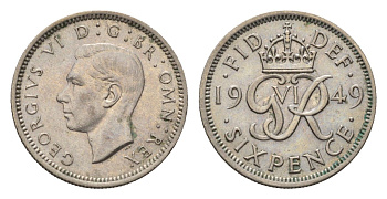 Великобритания 6 пенсов 1949 Георг VI (1936-1952) KM 875, Spink 4110 медно-никель 4696-815