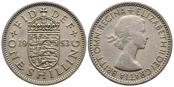 Великобритания 1 шиллинг 1953 Елизавета II (1952-2022), Английский герб KM 890, Spink 4139 медно-никель 86-923