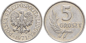 ПОЛЬША 5 ГРОШЕЙ 1971 MW KM А46 алюминий 4528-824