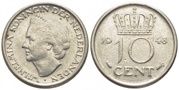 Нидерланды 10 центов 1948 Вильгельмина (1895-1948) KM 177 никель 105-1265