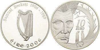 Ирландия 10 евро 2006 100 лет со дня рождения Сэмюэля Беккета, писатель, драматург, нобелевский лауреат KM 45 серебро PROOF 06-266-42