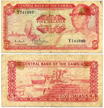 ГАМБИЯ 5 ДАЛАСИ 1972-1986 ПОДПИСЬ 7 Pick 5d бумага 7198-8-3-1