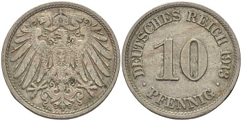Германия 10 пфеннигов 1913 J KM 12, Jager 13, Weege 8 медно-никель 33-647