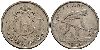 Люксембург 1 франк 1946 Шарлотта (1918-1964), сталевар KM 46.1 медно-никель 4603-1113