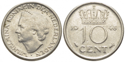 Нидерланды 10 центов 1948 Вильгельмина (1895-1948) KM 177 никель 105-1265
