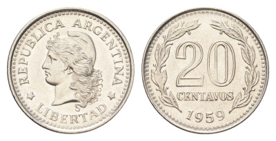 Аргентина 20 сентаво 1959 KM 55 сталь плакированная никелем UNC 4664-166