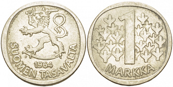 Финляндия 1 марка 1964 S KM 49 серебро 3457-936