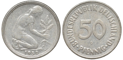 ФРГ 50 пфеннигов 1950 G KM 109, J. 384 медно-никель 4132-642