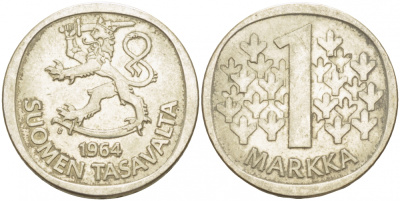 Финляндия 1 марка 1964 S KM 49 серебро 3457-936