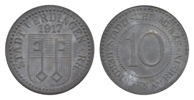 Юрдинген 10 пфеннигов 1917 Funck 554.2A, Men05 25409.3, Men18 31820.3 цинк 4636-1217