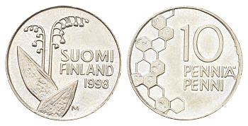 Финляндия 10 пенни 1998 KM 65 медно-никель UNC 4668-853