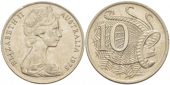 Австралия 10 центов 1975 Елизавета II (1952-), птица лирахвост KM 65 медно-никель 3457-645