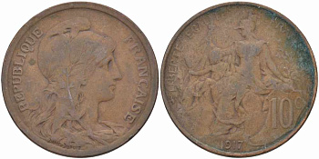 Франция 10 сантимов 1917 тип Даниэль Дюпюи KM 843, LA FRANC 136.29 бронза 109-424