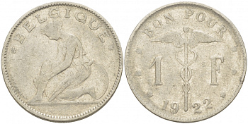 Бельгия 1 франк 1922 Belgique, Альберт I (1910-1934) KM 89 никель 261-1231