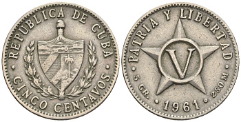 Куба 5 сентаво 1961 KM 11.3, Y 5b, Schoen 5 медно-никель 4116-633