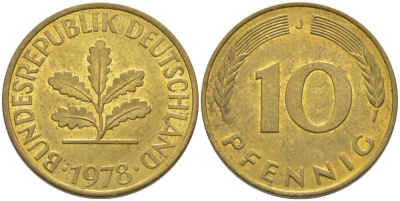 ФРГ 10 пфеннигов 1978 J KM 108, J. 383 сталь плакированная латунью 175-744