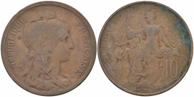 Франция 10 сантимов 1917 тип Даниэль Дюпюи KM 843, LA FRANC 136.29 бронза 109-424