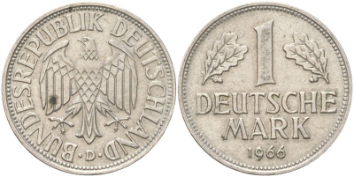 ФРГ 1 марка 1966 D KM 110 медно-никель 4143-133