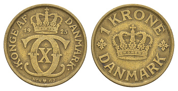 Дания 1 крона 1925 HCN, Кристиан X (1912-1947) KM 824 алюминиевая бронза 4657-324