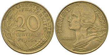 Франция 20 сантимов 1965 тип Marianne KM 930 медь алюминий никель 210-1137