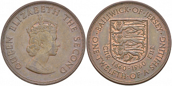 Джерси 1/12 шиллинга 1960 Елизавета II (1952-2022), 300 лет вступления на престол короля Карла II KM 23 бронза 4545-326